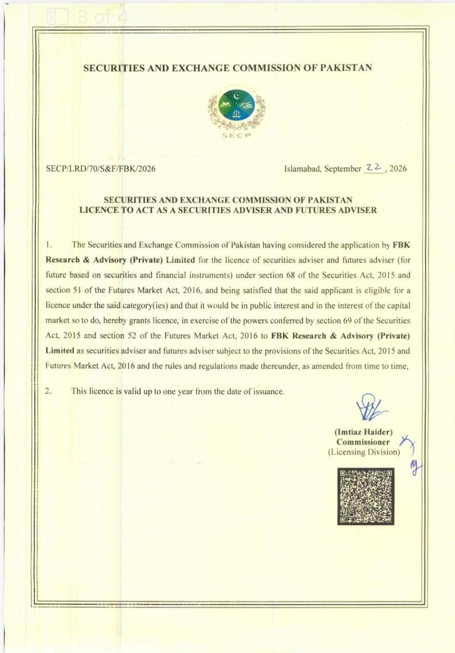 SECP licence granting FBK Research & Advisory (Private) Limited permission to act as a securities adviser and futures adviser